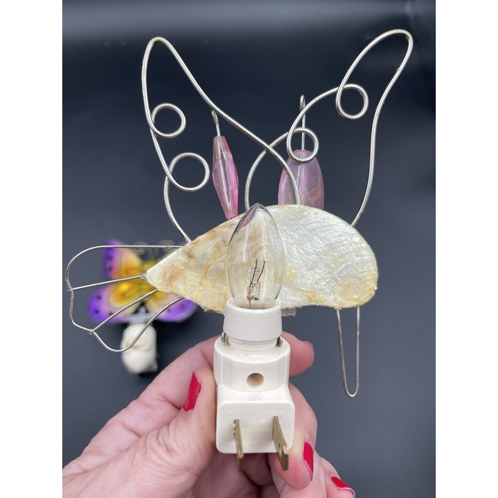 Capiz Shell Butterfly & Hummingbird Night Lights Plug In Set Tested Working - Picture 6 of 7